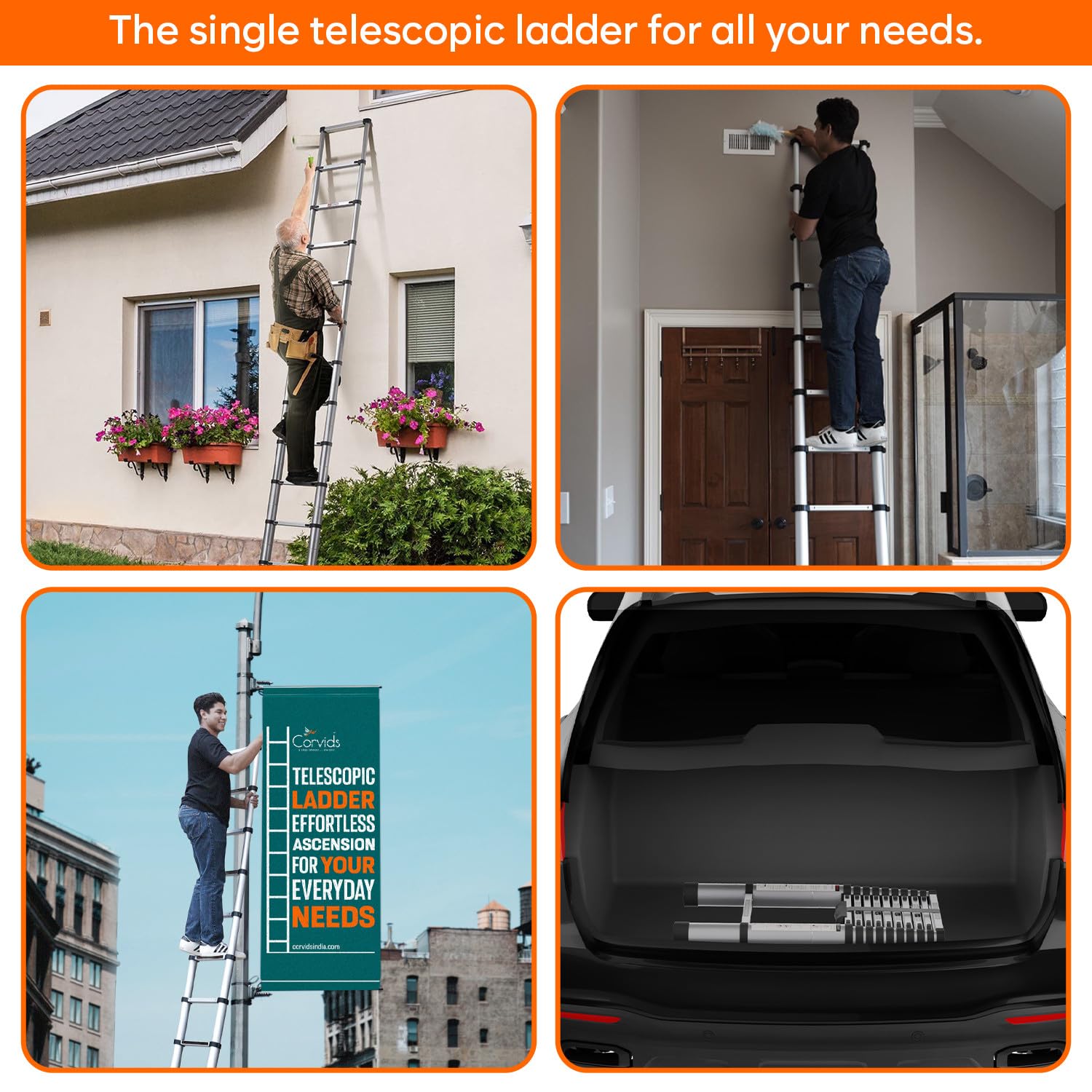 Corvids 5.0m (16.5 feet) Portable & Compact Aluminium Telescopic Ladder | 2-Year Warranty | EN131 Certified 14-Steps Foldable Multipurpose Collapsible Ladder for Home & Outdoor use  5
