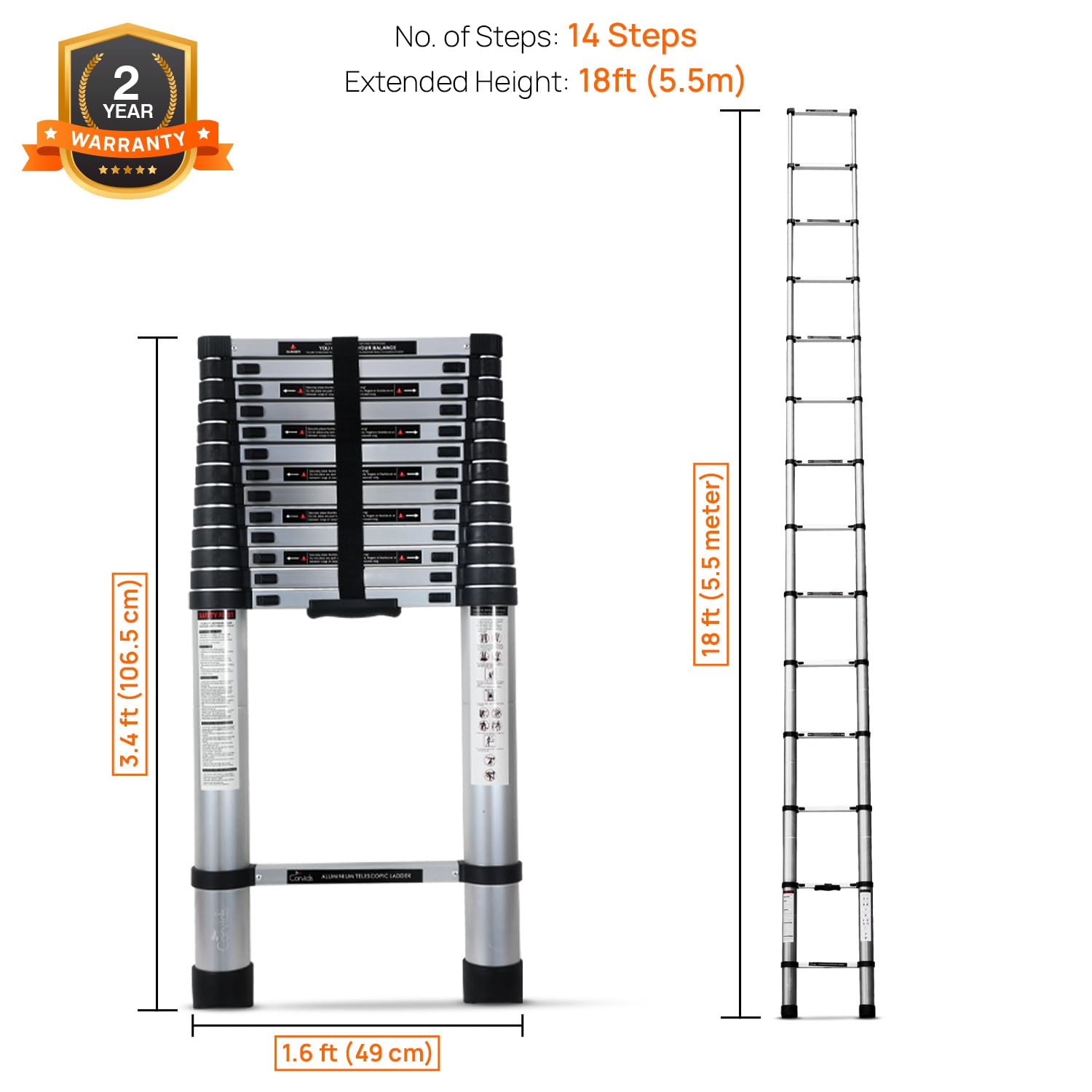 Corvids 5.5m (18. ft) Portable & Compact Aluminum Telescopic Ladder | 2-Year Warranty | EN131 Certified 14-Steps Foldable Multipurpose Step Ladder for Home & Outdoor use 3
