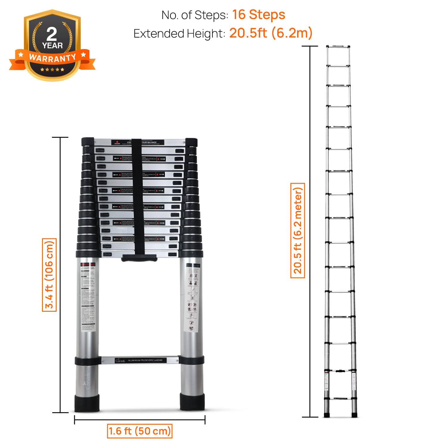 Corvids 6.2m (20.5 feet) Portable & Compact Aluminium Telescopic Ladder | 2-Year Warranty | EN131 Certified 16-Steps Foldable Multipurpose Collapsible Ladder for Home & Outdoor use Silver 3
