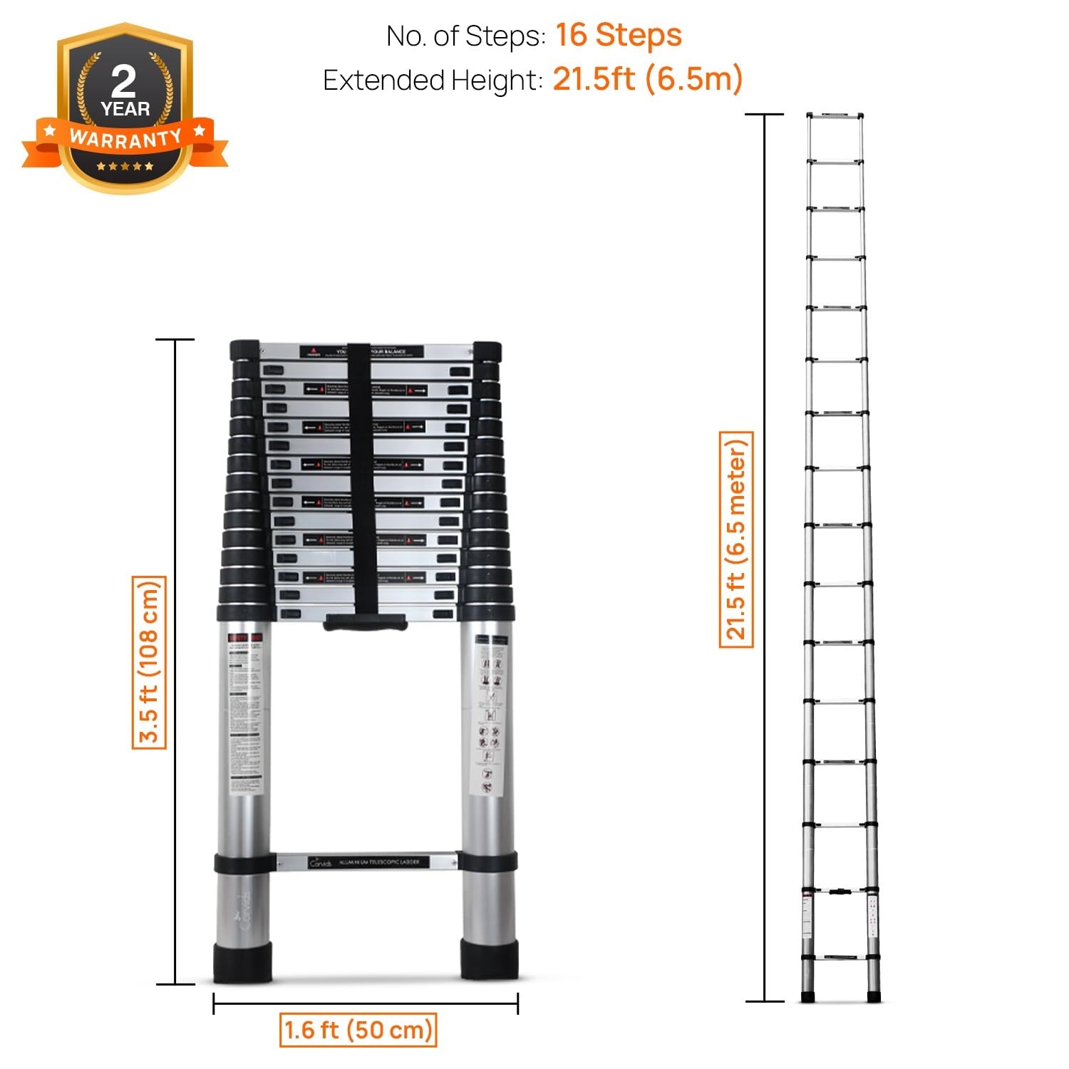 Corvids 6.5m (21.3feet) Portable & Compact Aluminium Telescopic Ladder | 2-Year Warranty | EN131 Certified 16-Steps Foldable Multipurpose Collapsible Ladder for Home & Outdoor use 3