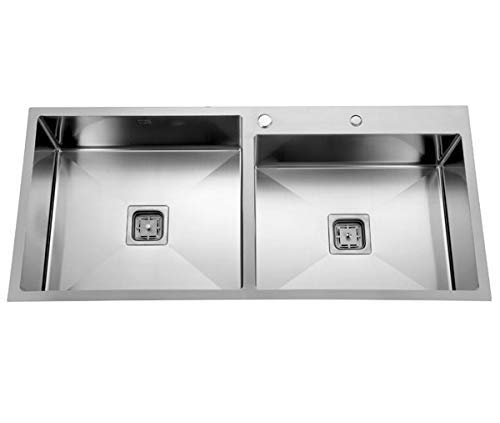The Sink Shop Stainless Steel 304 Grade Double Bowl Kitchen Sink with Tap Hole | 37x18 Inch Diamond Cut Square Design | Chrome Silver 2