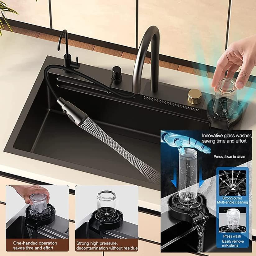 HAPPY HOMES 304 Stainless Steel Kitchen Sink 37x18x10 Single Bowl with ANTI SCRATCH HONEYCOMB DESIGN Integrated Waterfall and Pull Down Faucet with Water Purifier Tap, Fruit Baskets & Accessories 3