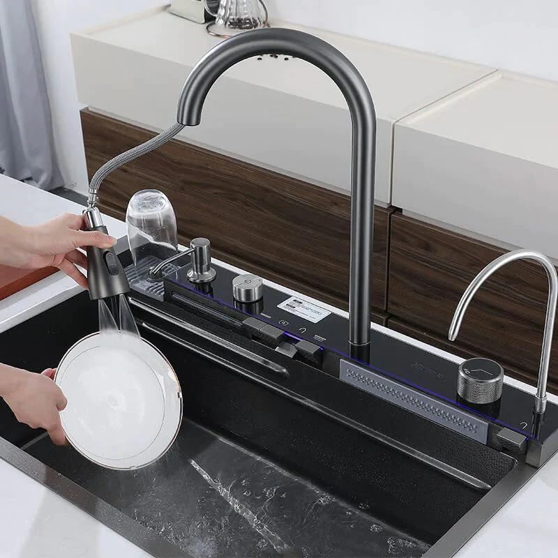 THE SINK SHOP 304 Stainless Steel Kitchen Sink (30 x 18 Inch) with Integrated Waterfall in LED Pannel and Digital Display/Waterfall and Pull-down Faucets, Fruit Baskets & Accessories 3