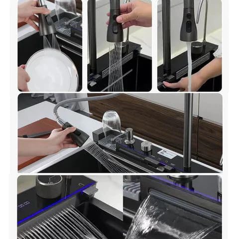 THE SINK SHOP 304 Stainless Steel Kitchen Sink (30 x 18 Inch) with Integrated Waterfall in LED Pannel and Digital Display/Waterfall and Pull-down Faucets, Fruit Baskets & Accessories 4