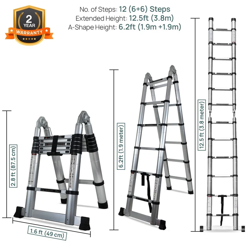 Corvids Portable and Compact 12.5 ft A Type Aluminium Telescopic Ladder with 12 Steps | 2-Year Warranty | for Household and Outdoor EN131 Certified (12.5 ft (3.8 m) - A Type) 3