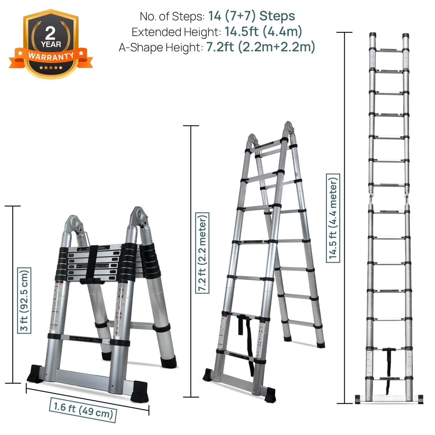 Corvids Portable and Compact 14.5 feet A Type Aluminium Telescopic Ladder with 14 Steps | 2-Year Warranty | for Household and Outdoor Use EN131 Certified (14.5 ft (4.4 m) - A Type) 3