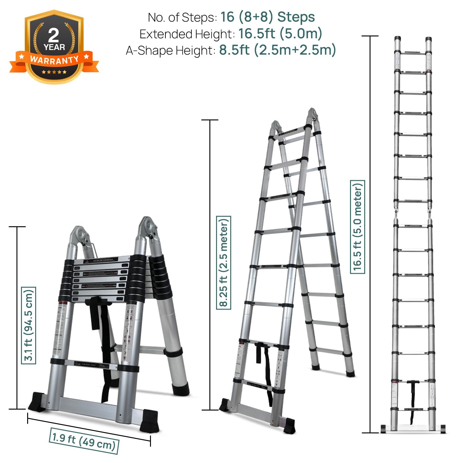Corvids Portable and Compact 16.5 feet A Type Aluminium Telescopic Ladder with 16 Steps | 2-Year Warranty | for Household and Outdoor Use EN131 Certified (16.5 ft (5.0 m) - A Type) 3