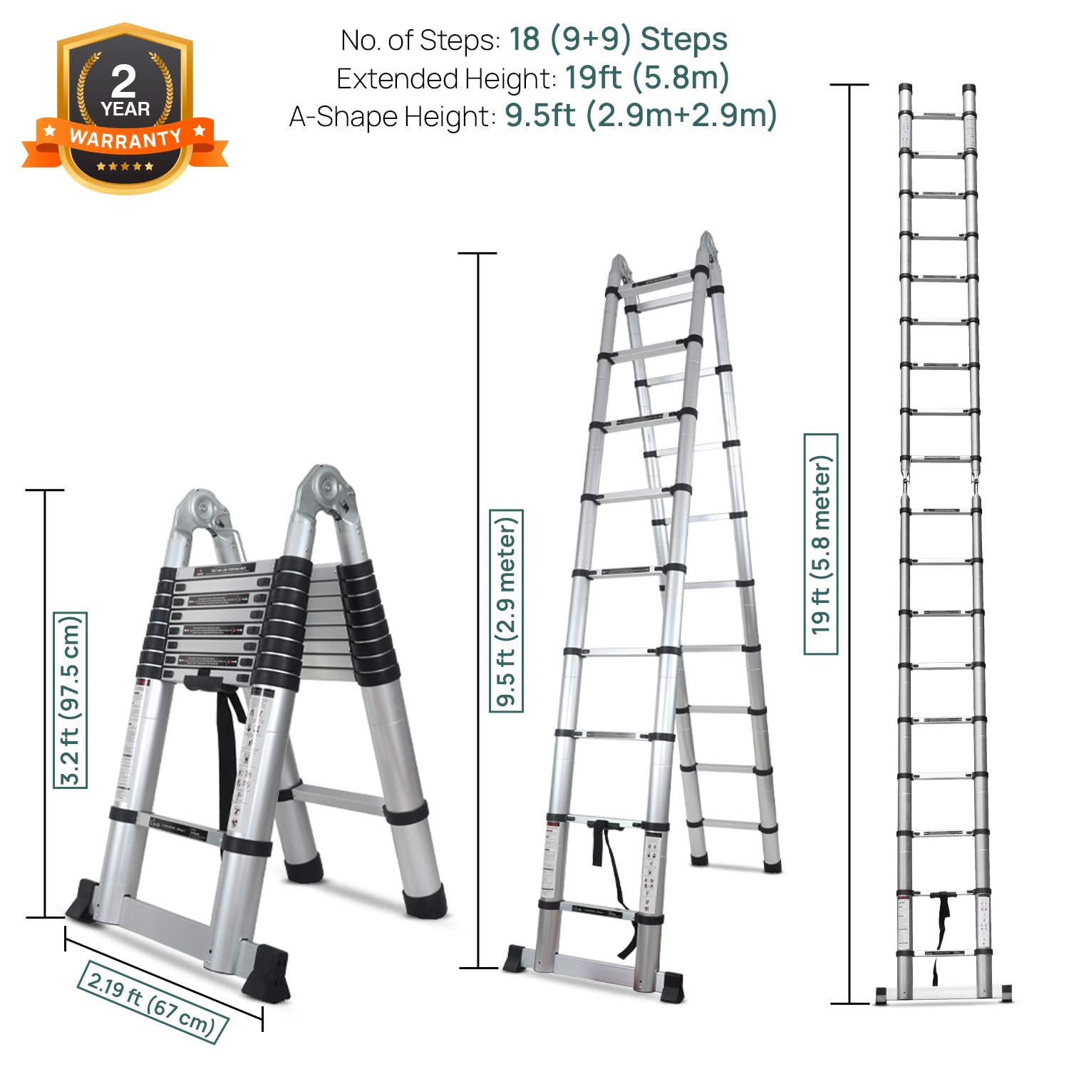 Corvids Portable and Compact 19 ft A Type Aluminium Telescopic Ladder with 18 Steps | 2-Year Warranty | for Household and Outdoor, EN131 Certified (19 ft (5.6 m) - A Type) 5