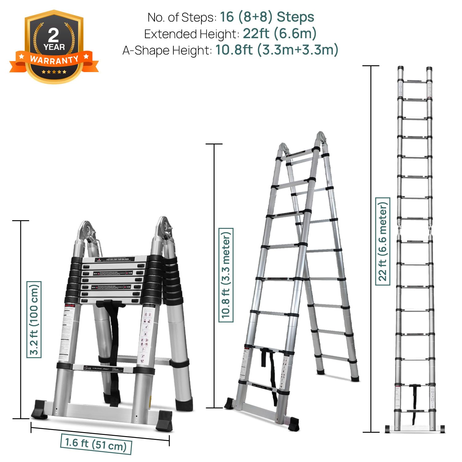 Corvids Portable and Compact 22 feet A Type Aluminium Telescopic Ladder with 16 Steps | 2-Year Warranty | for Household and Outdoor Use EN131 Certified (22 ft (6.6 m) - A Type) 3