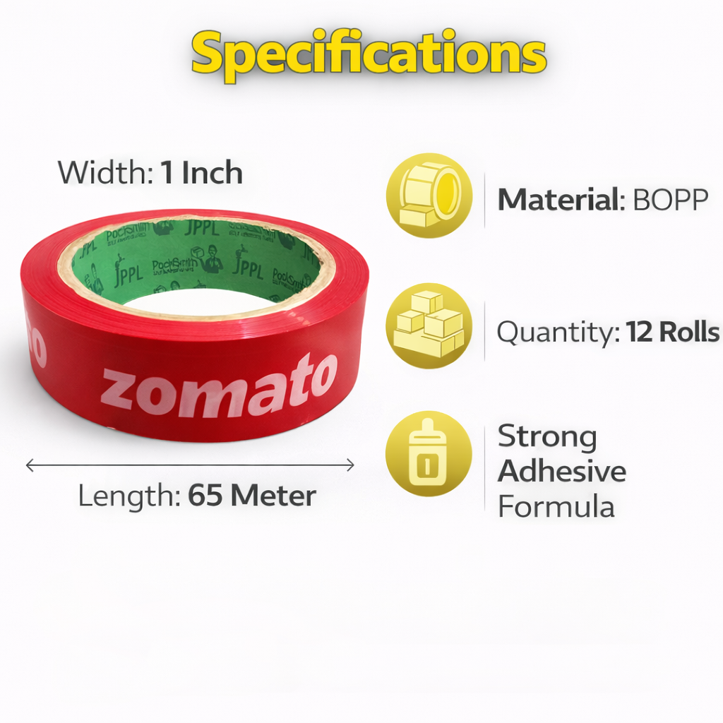 JPPL Zomato Food Packaging Tape Suitable For E-Commerce (1 Inch X 65 Meter) - Red(PACK OF 24) 4