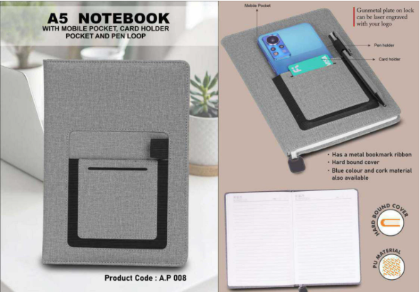 A5 NOTEBOOK WITH MOBILE POCKET, CARD HOLDER POCKET AND PEN LOOP(A.P 008)(Pack Of 2) 2