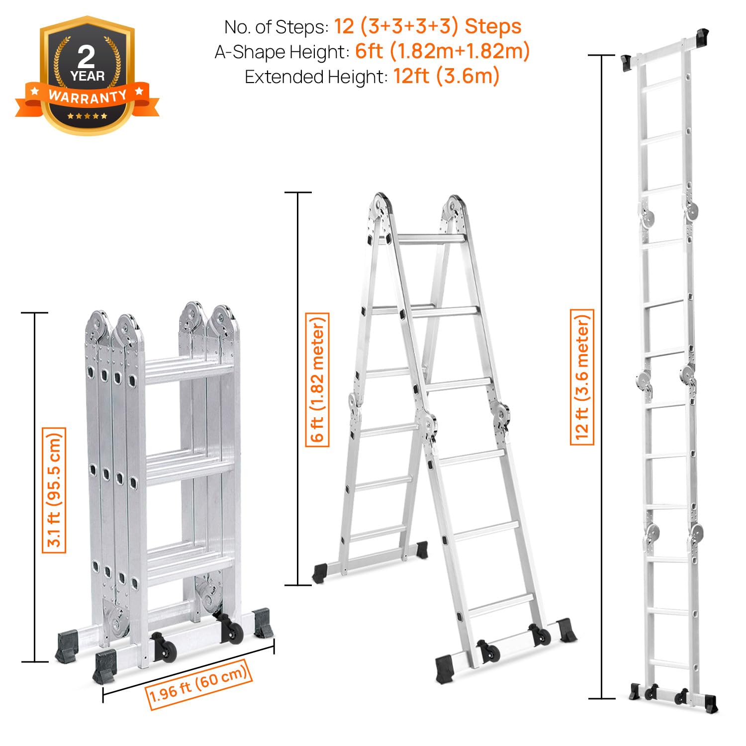 Corvids 12 Feet (12 Step) Portable & Compact Folding Aluminium Multipurpose Super Ladder | 2-Year Warranty | Ladder for Home & Industrial Use - Capacity 120 Kg Silver 3