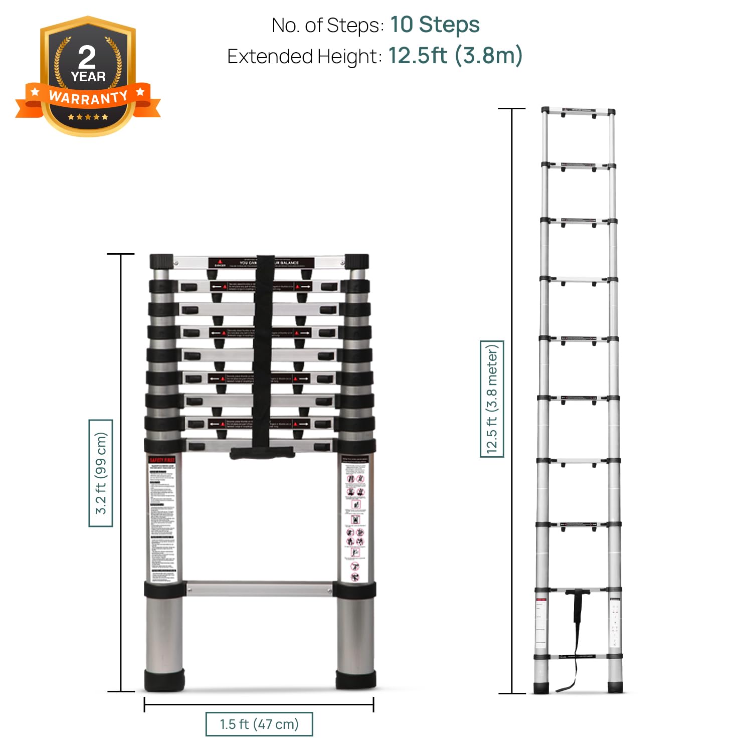 Corvids 3.8m (12.5 ft) Portable & Compact Finger Protect Aluminium Telescopic Ladder 3
