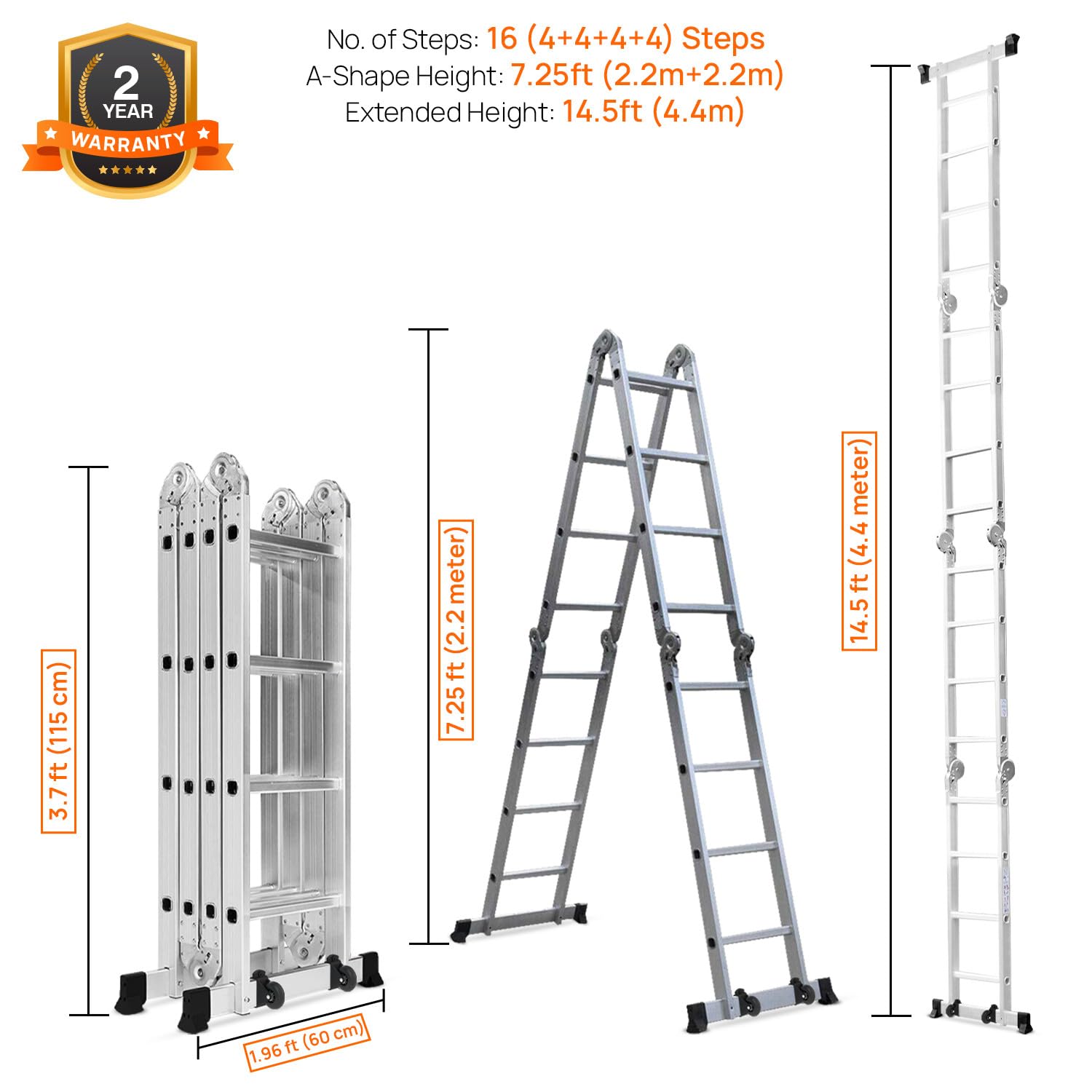 Corvids 14.5 Feet (16 Steps) Portable & Compact Folding Aluminium Multipurpose Super Ladder | 2-Year Warranty | Ladder for Home & Industrial Use - Capacity 120 Kg 3