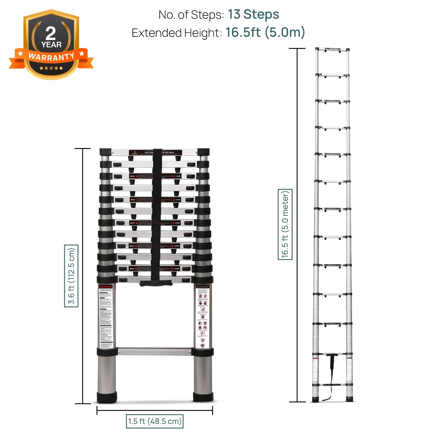 Corvids 5.0m (16.5 ft) Portable & Compact Finger Protect Aluminium Telescopic Ladder | 2-Year Warranty | EN131 Certified 13-Steps Foldable Multipurpose Step Ladder for Home & Outdoor use 3