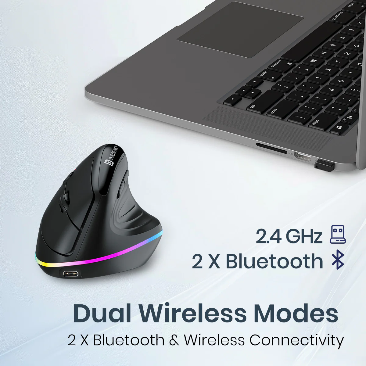 Portronics Toad Ergo 3 Ergonomic Wireless Mouse with RGB, 2400 DPI, Dual Mode BT & 2.4GHz Connectivity, Rechargeable Battery, 6 Buttons, Adjustable DPI (Black) 2