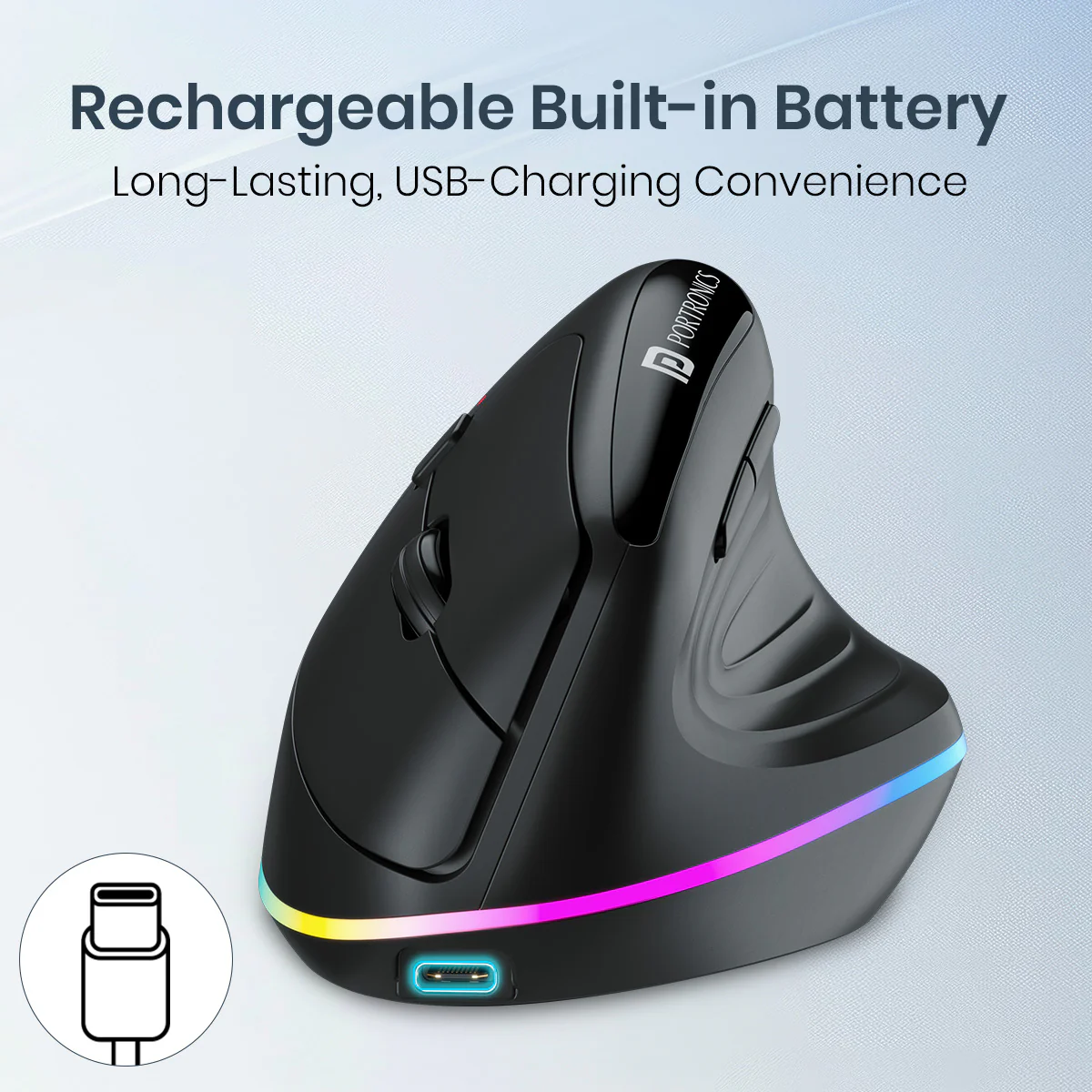 Portronics Toad Ergo 3 Ergonomic Wireless Mouse with RGB, 2400 DPI, Dual Mode BT & 2.4GHz Connectivity, Rechargeable Battery, 6 Buttons, Adjustable DPI (Black) 4