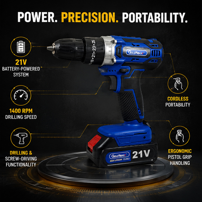 Goldmaxx Cordless Impact drill 21V | drilling machine| Screwdriver Pistol Grip Drill 21V|1400 RPM 2