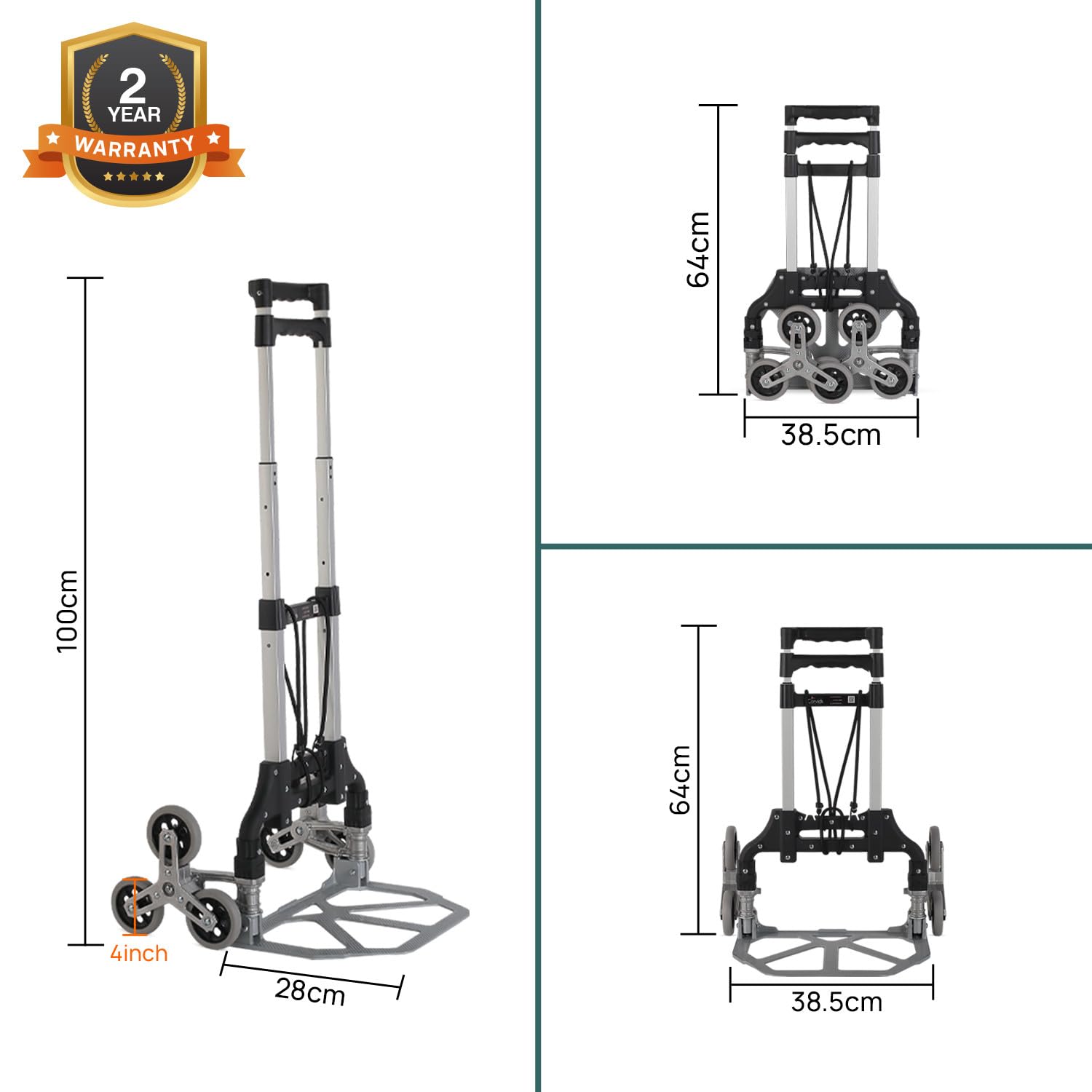 Corvids 75 Kg Stairs Climbing Aluminium Hand Truck | 2-Year Warranty | Portable Strong Dolly Cart with Foldable Wheels, Extendable Handle Ideal for Home, Office & Industrial Use 3