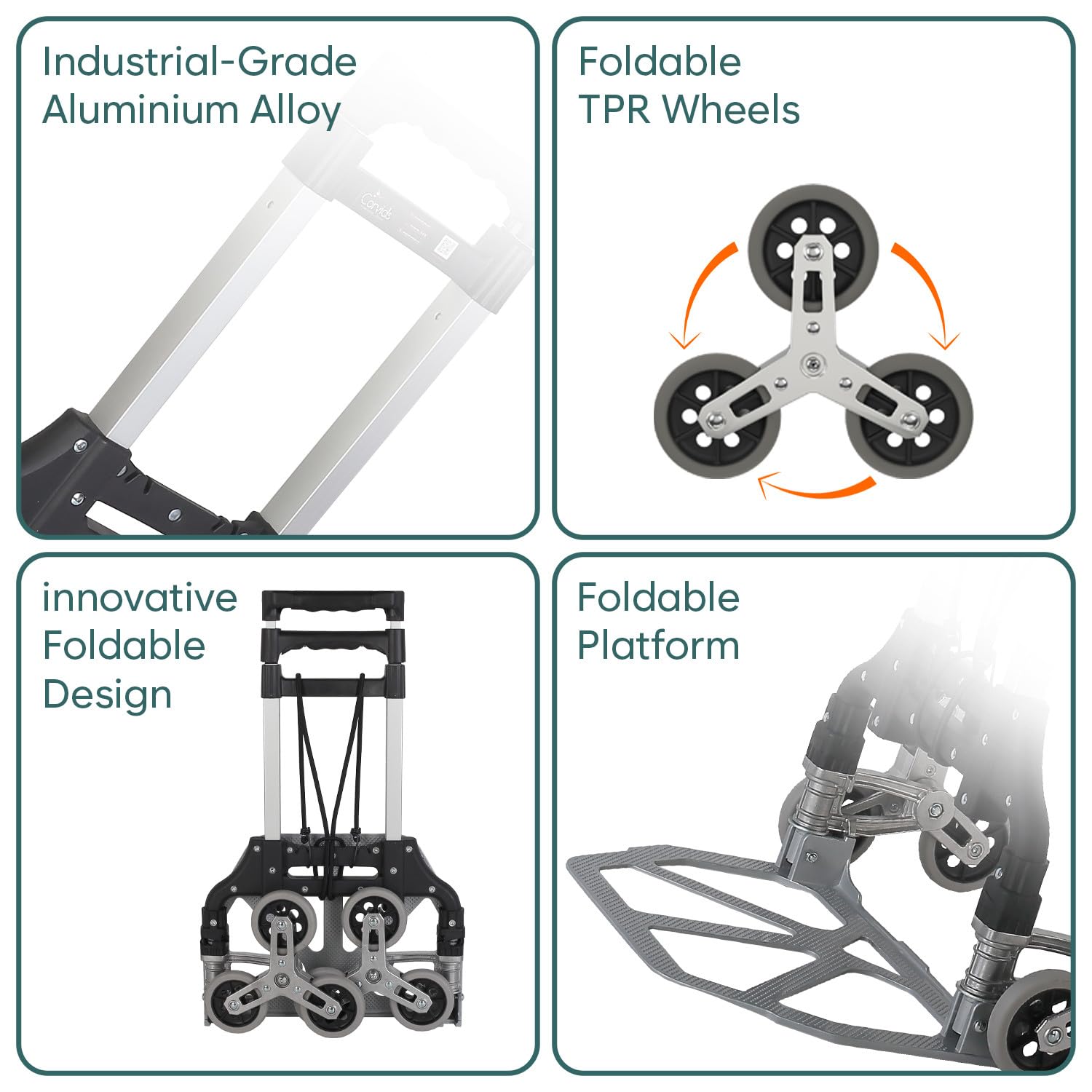 Corvids 75 Kg Stairs Climbing Aluminium Hand Truck | 2-Year Warranty | Portable Strong Dolly Cart with Foldable Wheels, Extendable Handle Ideal for Home, Office & Industrial Use 4
