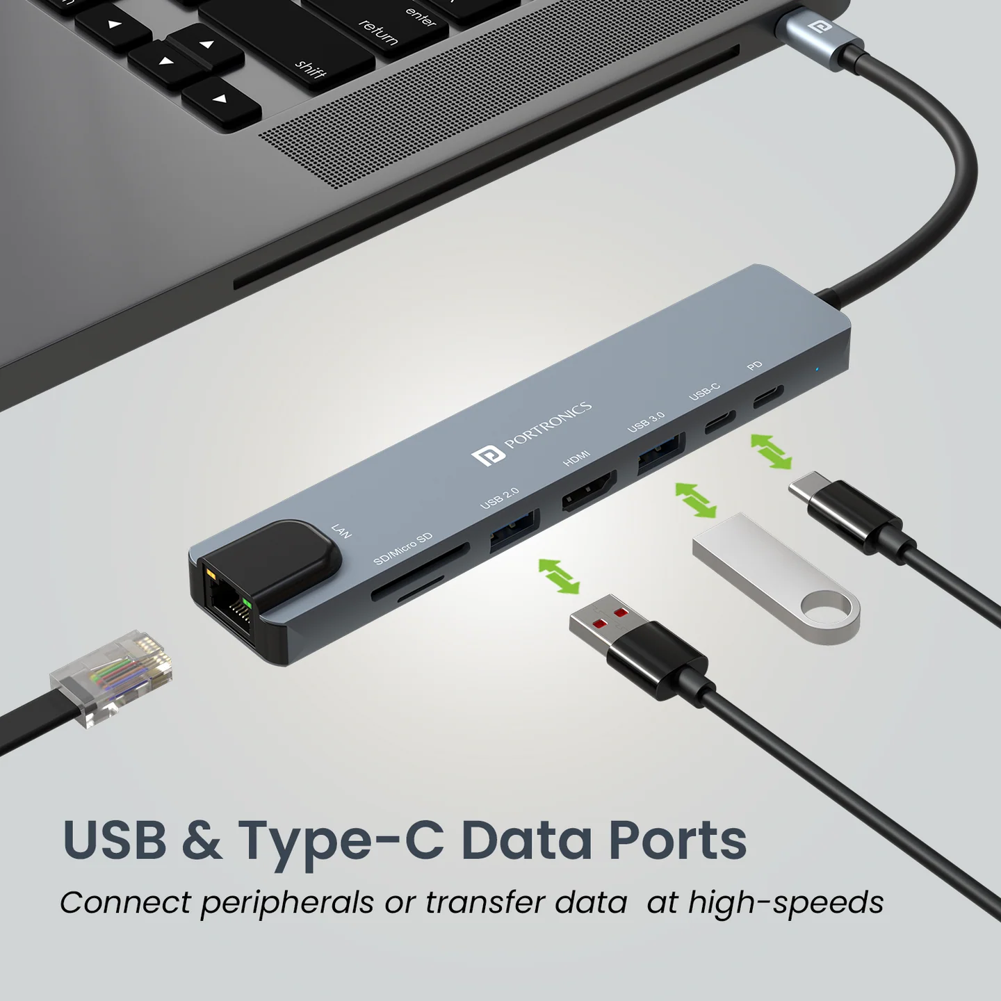 Portronics Mport 8 USB-C USB Hub/Docking Station(8-in-1) with 4K 30Hz HDMI, 100 Mbps Ethernet, USB 3.0, microSD/SD Card Reader, Type-C Data, PD Charging, USB 2.0, Type-C Plug for Laptop, Mac, PC 4