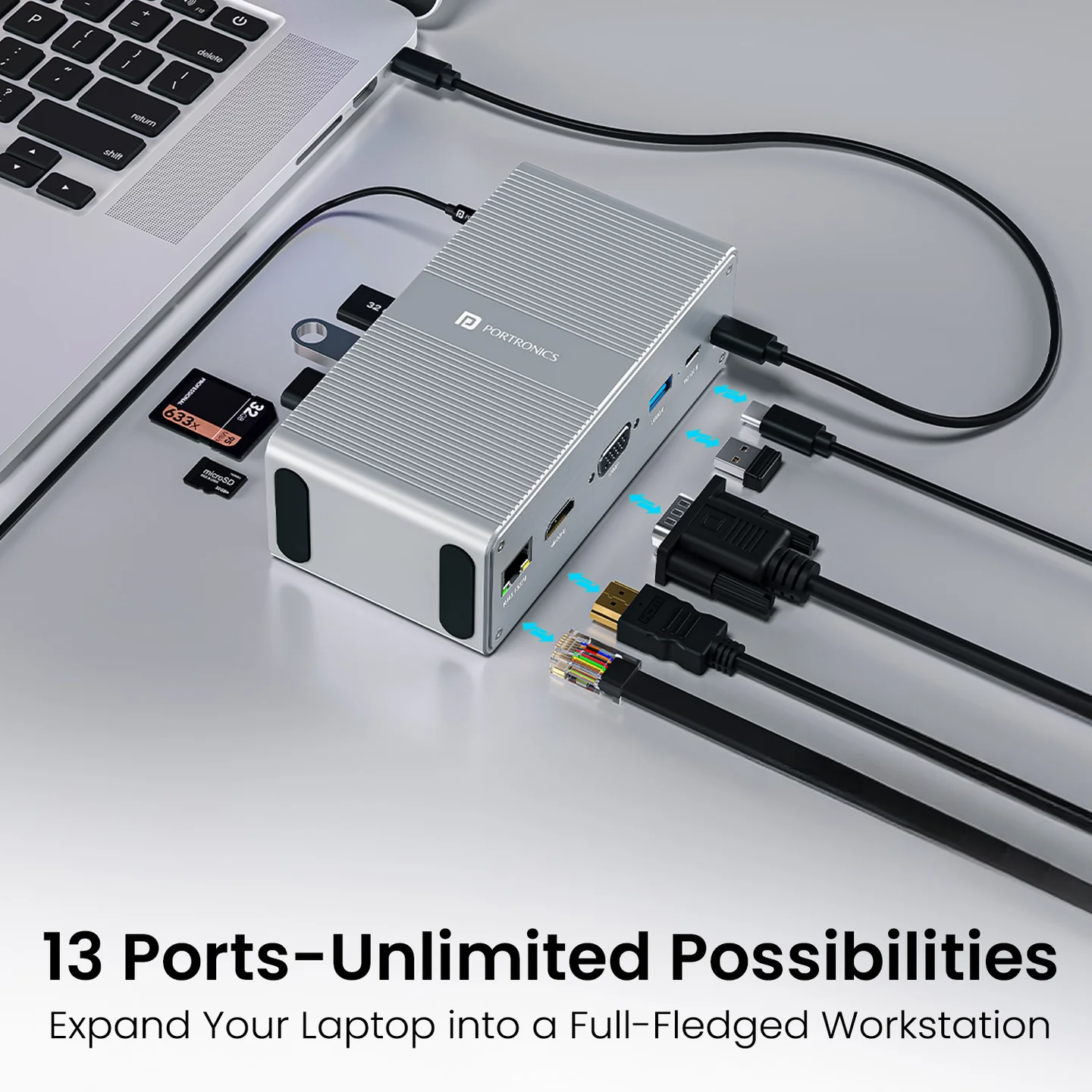 Portronics Mport Vault 13-in-1 USB-C Metal Docking Station, 100W PD Charging, 4K@30Hz HDMI, 1080P VGA, SD/microSD 3.0, USB-C 3.0 & 2.0, 3.5mm Aux, for Windows & macOS 2