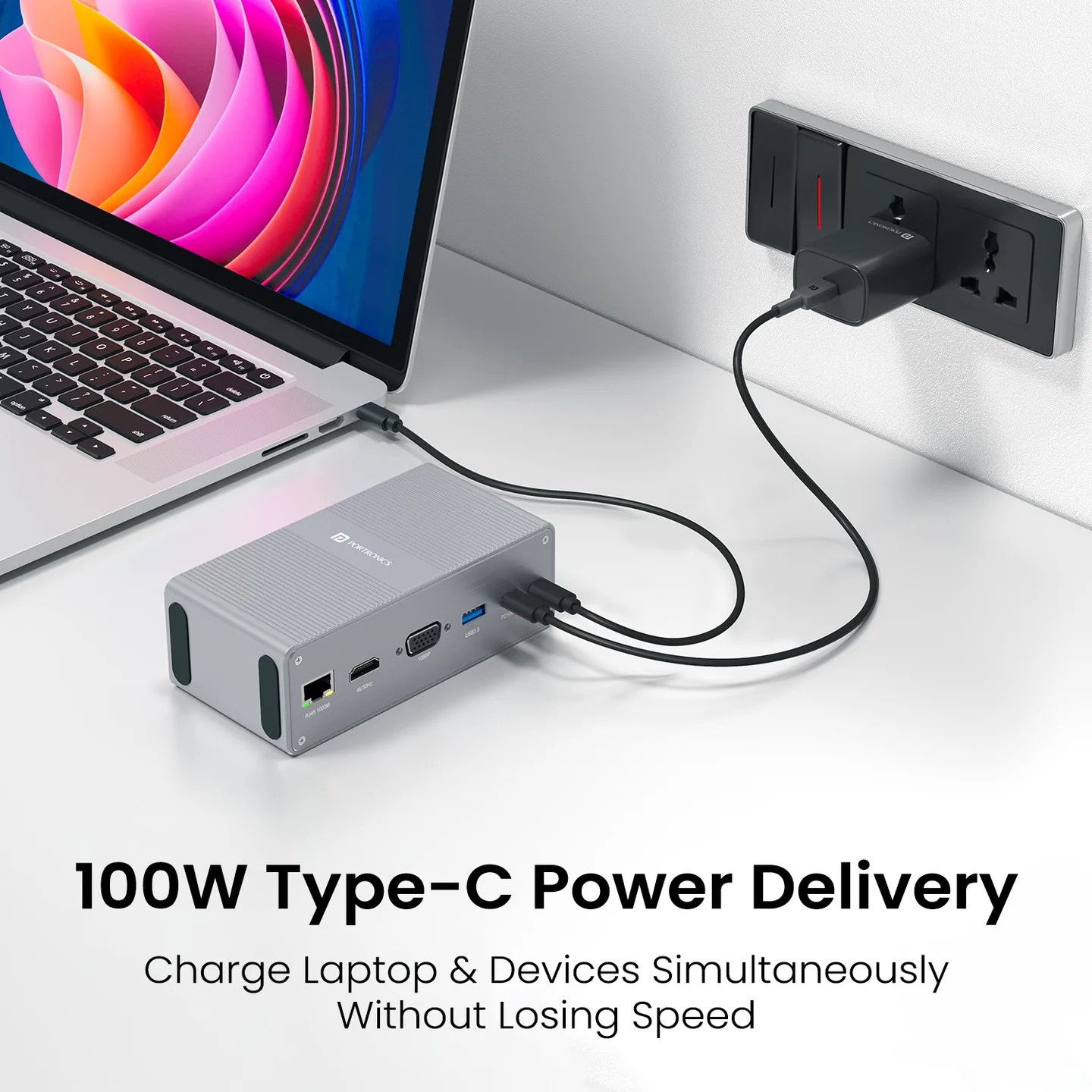 Portronics Mport Vault 13-in-1 USB-C Metal Docking Station, 100W PD Charging, 4K@30Hz HDMI, 1080P VGA, SD/microSD 3.0, USB-C 3.0 & 2.0, 3.5mm Aux, for Windows & macOS 3