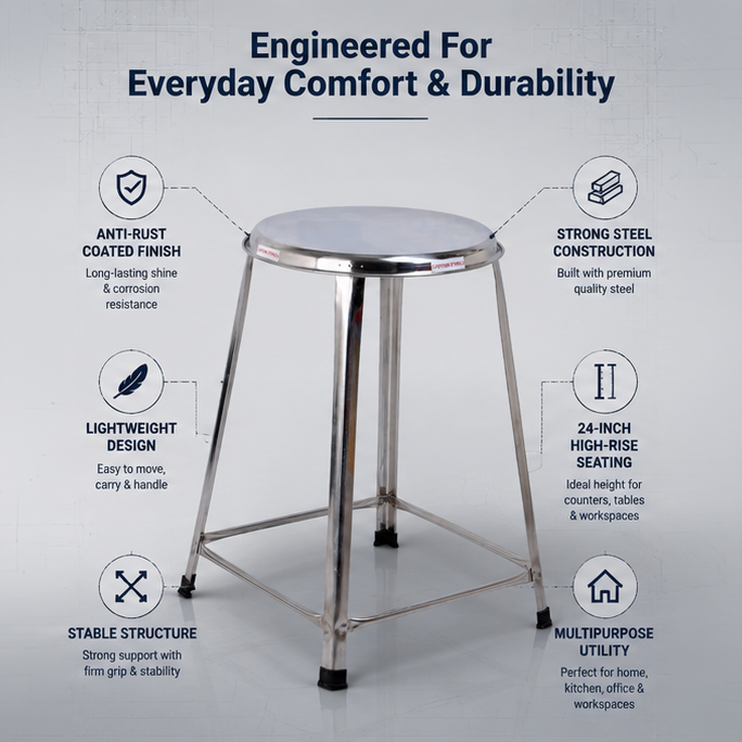 Steel Round Stool Home, Bathroom Multipurpose – 24 Inches, Pack of 2 3