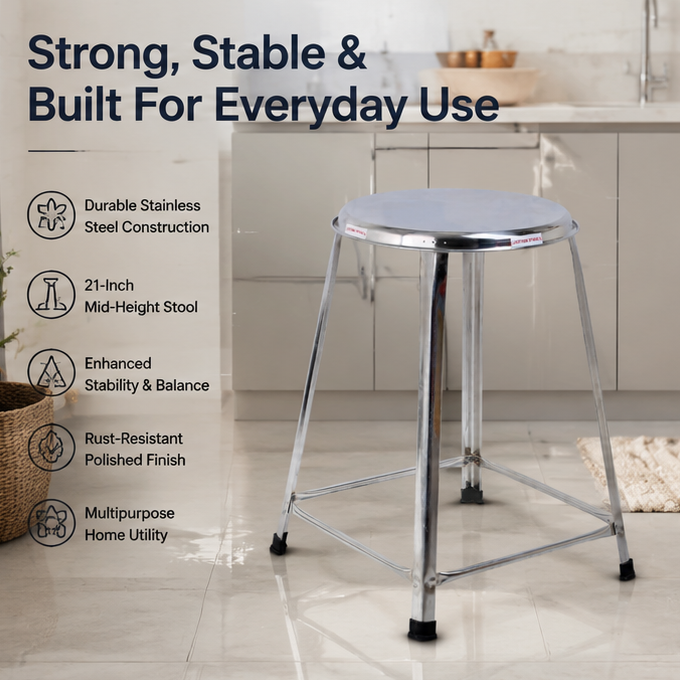 Steel Round Stool Home, Bathroom Multipurpose – 21 Inches, Pack of 2 2