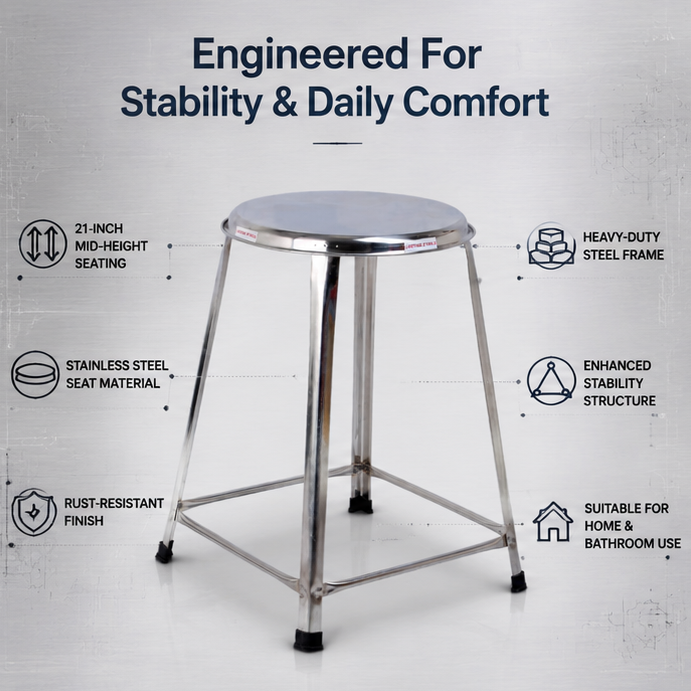 Steel Round Stool Home, Bathroom Multipurpose – 21 Inches, Pack of 2 3