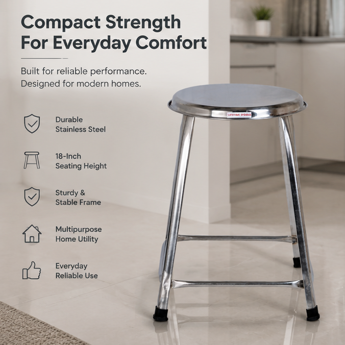 Steel Round Stool Home, Bathroom Multipurpose – 18 Inches, Pack of 2 2