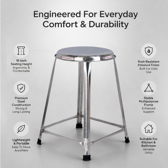 Steel Round Stool Home, Bathroom Multipurpose – 16 Inches, Pack of 2 3