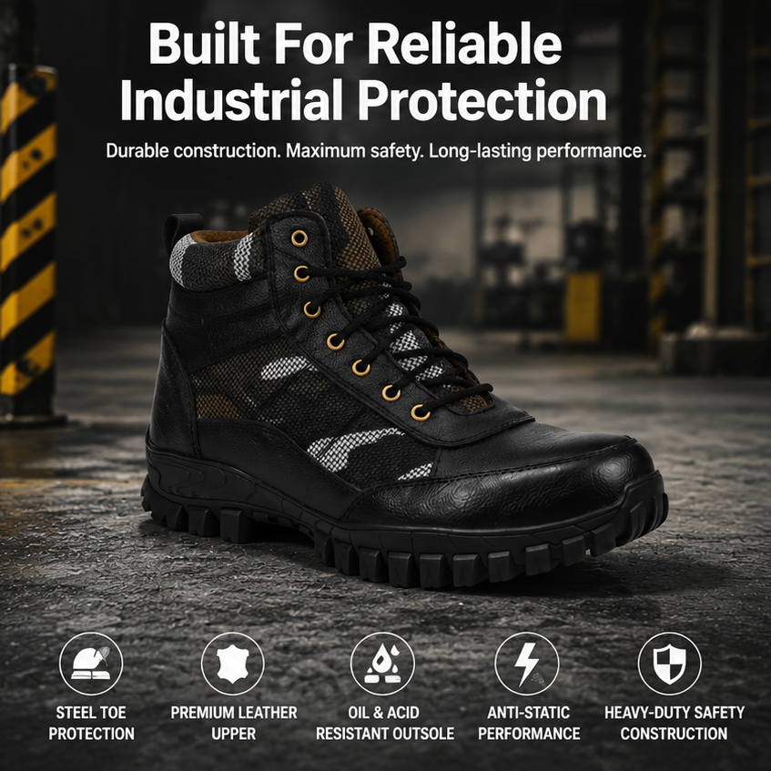 ArmaDuro AD1001 Leather Steel Toe Black Work Safety Shoes, Size: 8 5