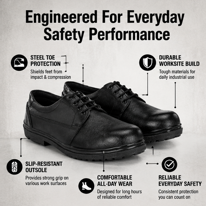 ArmaDuro AD1010 Leather Steel Toe Black Work Safety Shoes, Size: 9 3