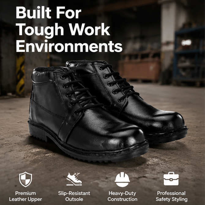 ArmaDuro AD1007 Leather Steel Toe Black Work Safety Shoes, Size: 9 2