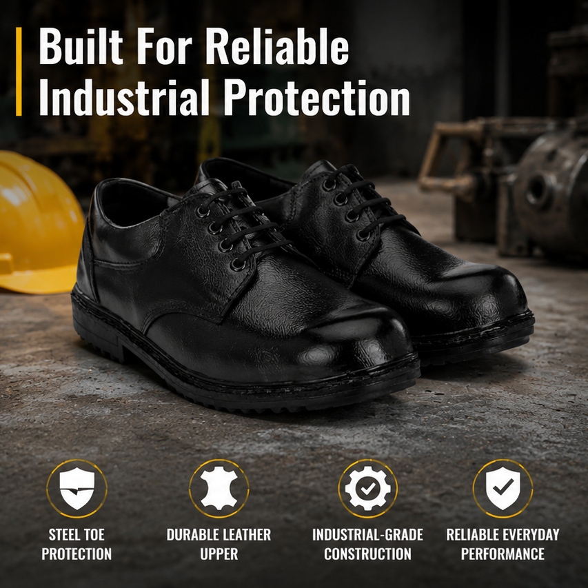 ArmaDuro AD1012 Leather Steel Toe & Synthetic Lining Black Work Safety Shoes, Size: 6 5