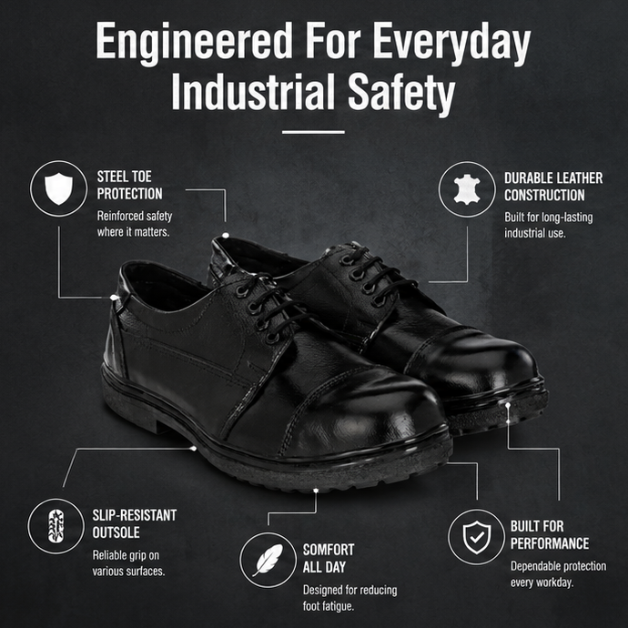 ArmaDuro AD1011 Leather Steel Toe Black Work Safety Shoes, Size: 9 3