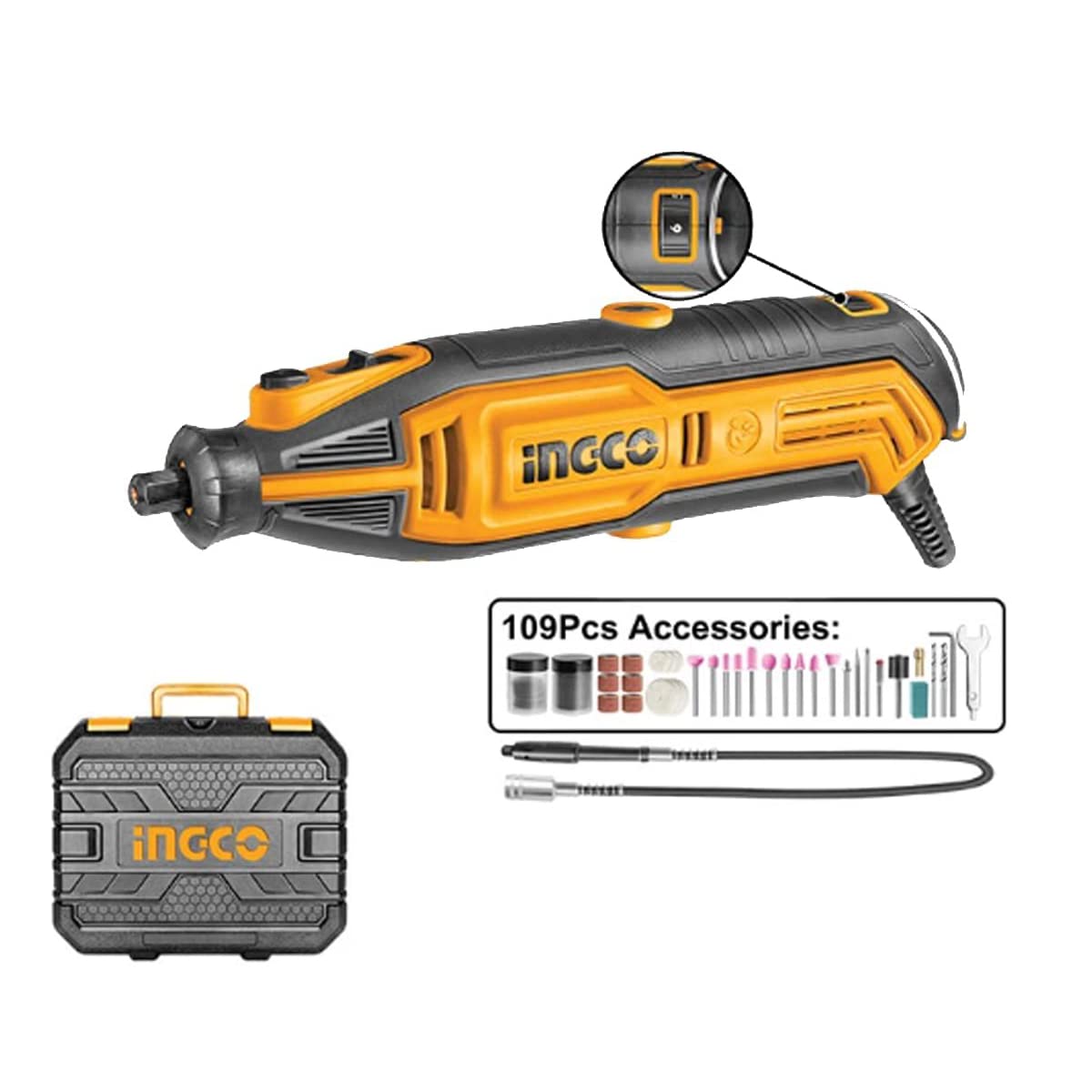 Ingco MG13328 Mini Grinder 130W power, Variable Speed, 10000-35000 RPM with Flexible Shaft Attachment 2