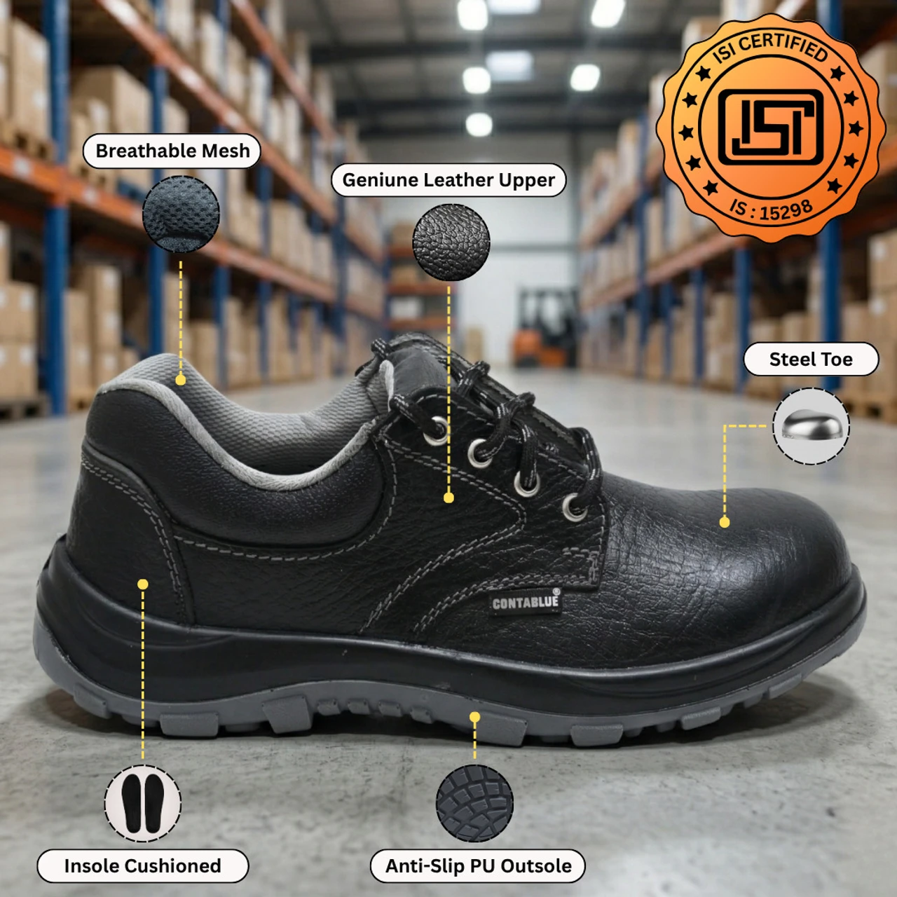 Contablue Steel Toe Leather Safety Shoe (Black, Size 5) 3