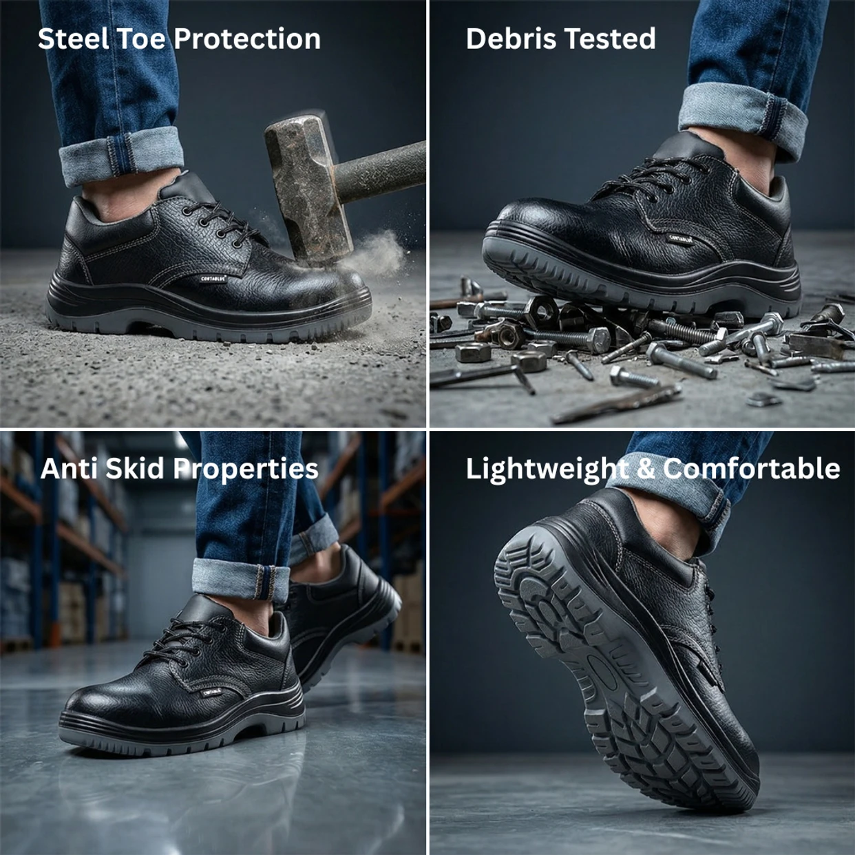 Contablue Steel Toe Grain Leather Safety Shoes Black Slip Resistant Work Footwear SIZE 5 4