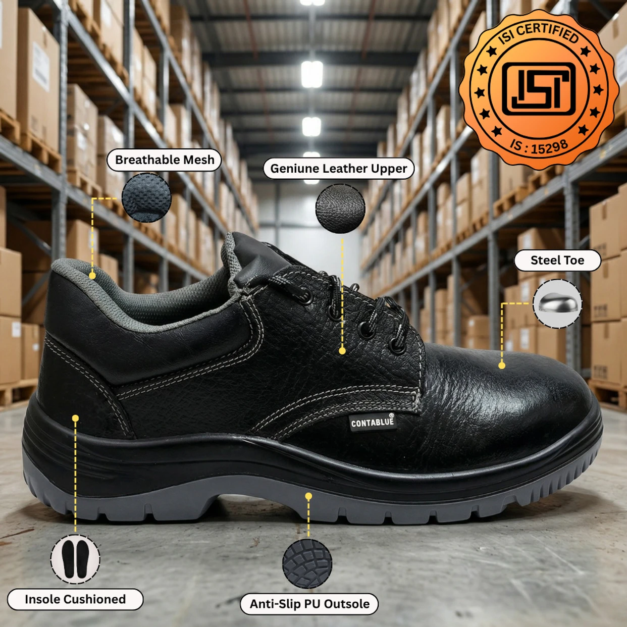 Contablue Steel Toe Grain Leather Safety Shoes Black Slip Resistant Work Footwear SIZE 8 3