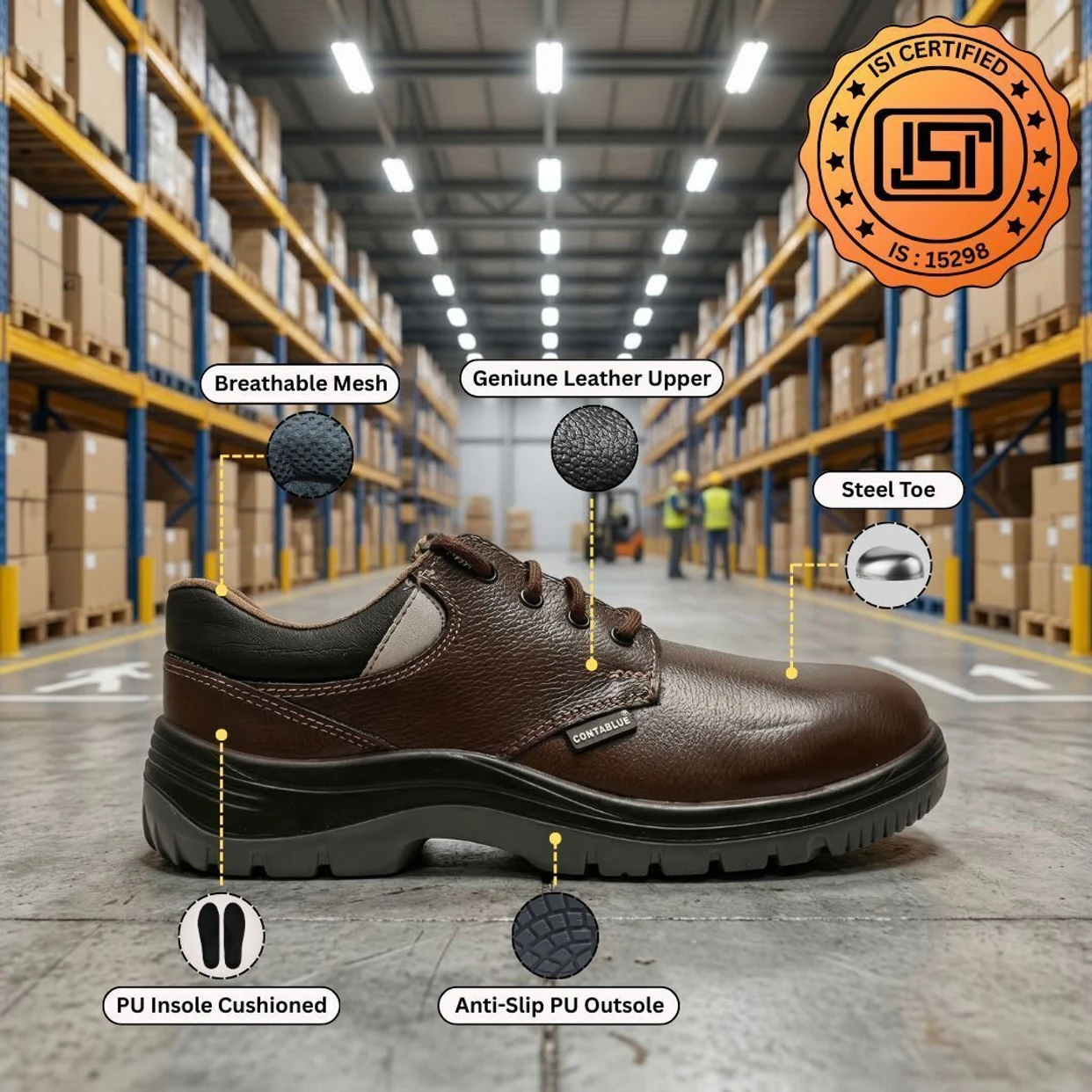 Contablue Steel Toe Leather Safety Shoe (BROWN, SIZE 8) 2