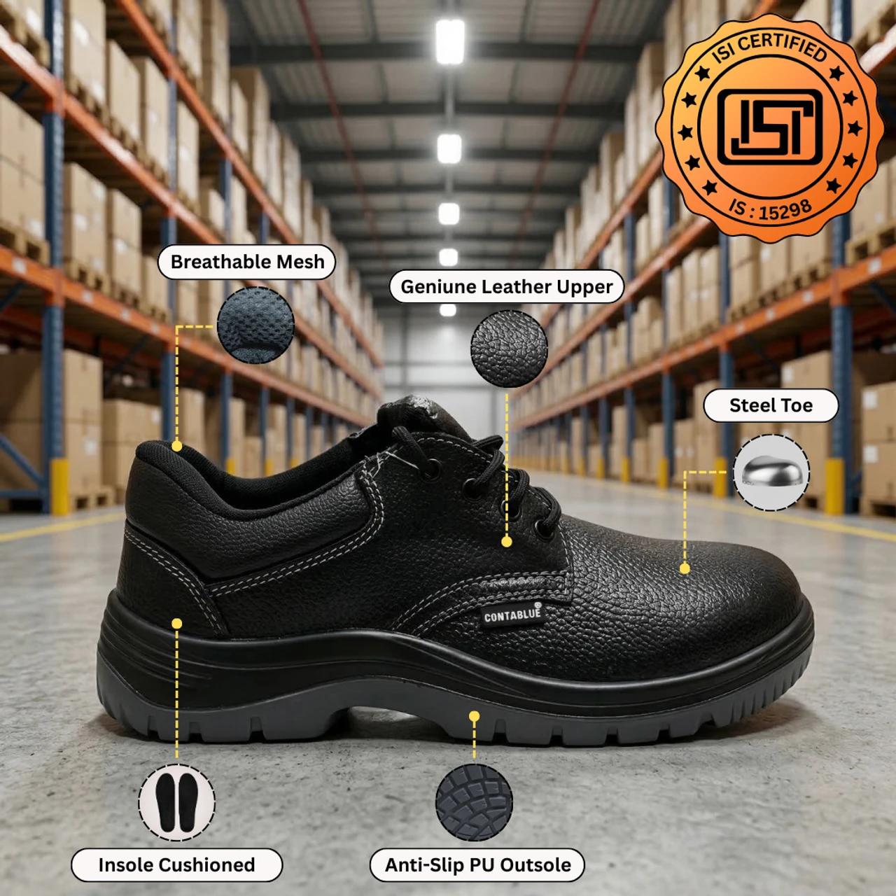 Contablue Steel Toe Leather Black Safety Shoe, size 7 (W201) 3