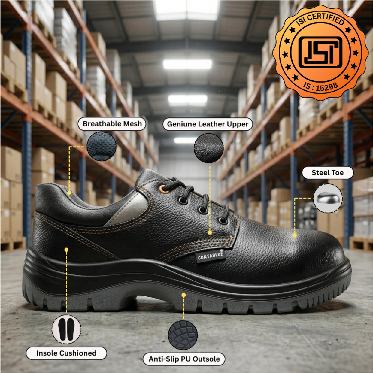 11 CAPS Steel Toe Leather Safety Shoe (BLACK, SIZE 9) 2