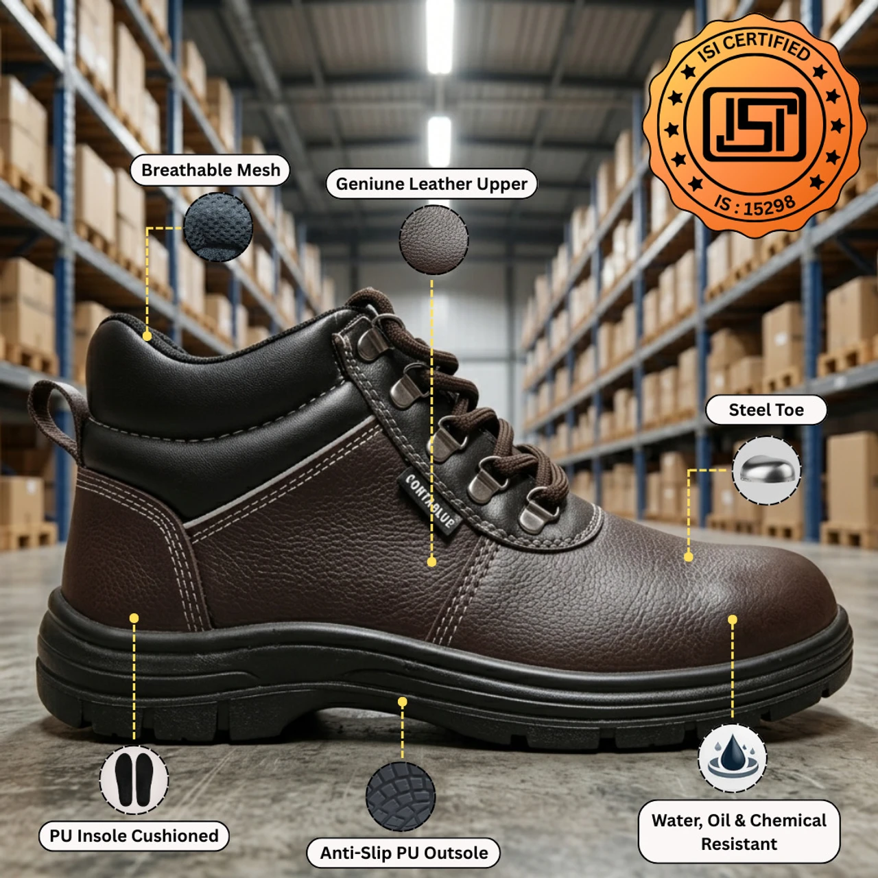 Contablue Steel Toe Grain Leather Brown Safety Shoe, size 7 (Rival-Boots ) 2