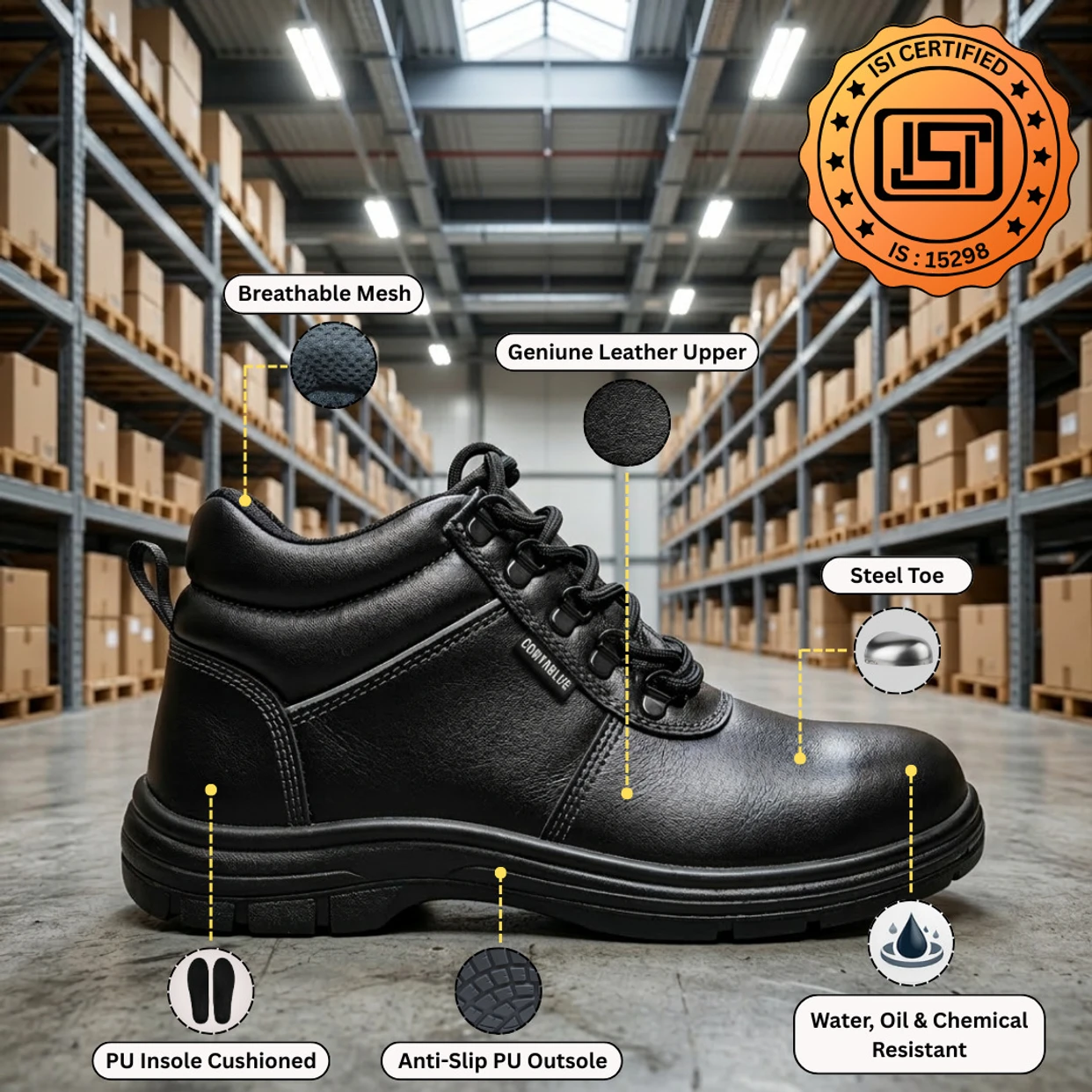 Contablue Steel Toe Grain Leather Black Safety Shoe (Size 8, Rival-Boots) 3