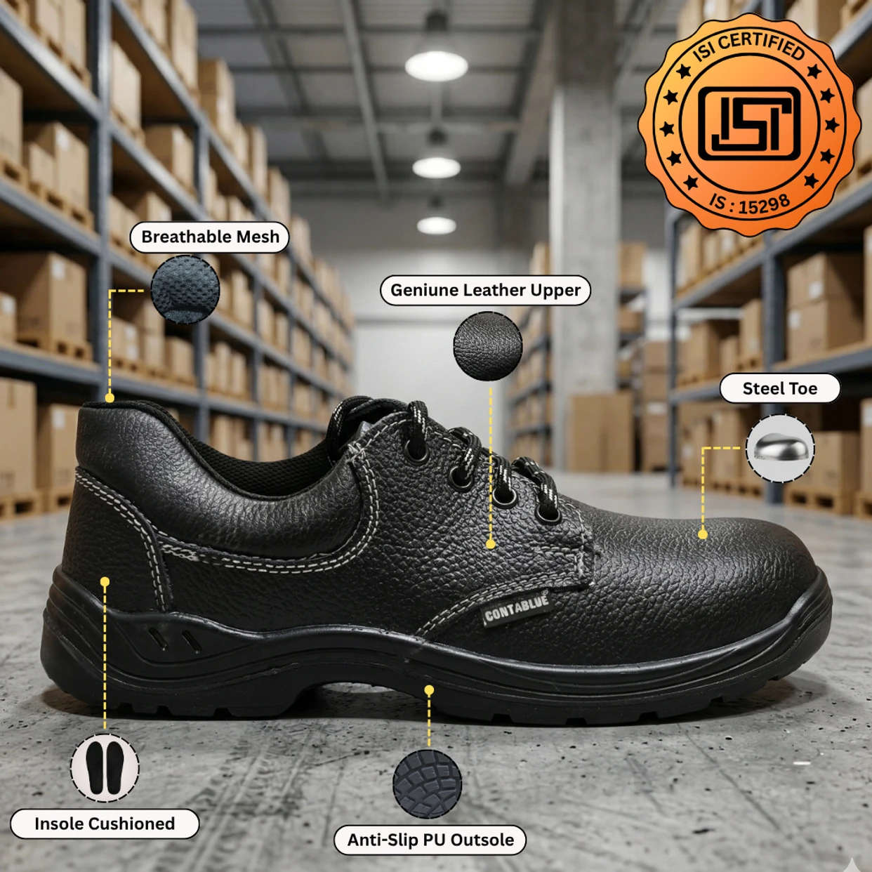 Contablue G101 black genuine leather safety shoes with steel toe cap and PU sole, SIZE 6 2
