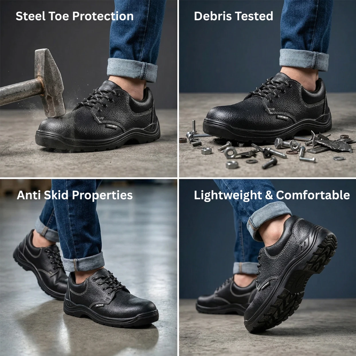 Contablue G101 black genuine leather safety shoes with steel toe cap and PU sole, SIZE 7 3