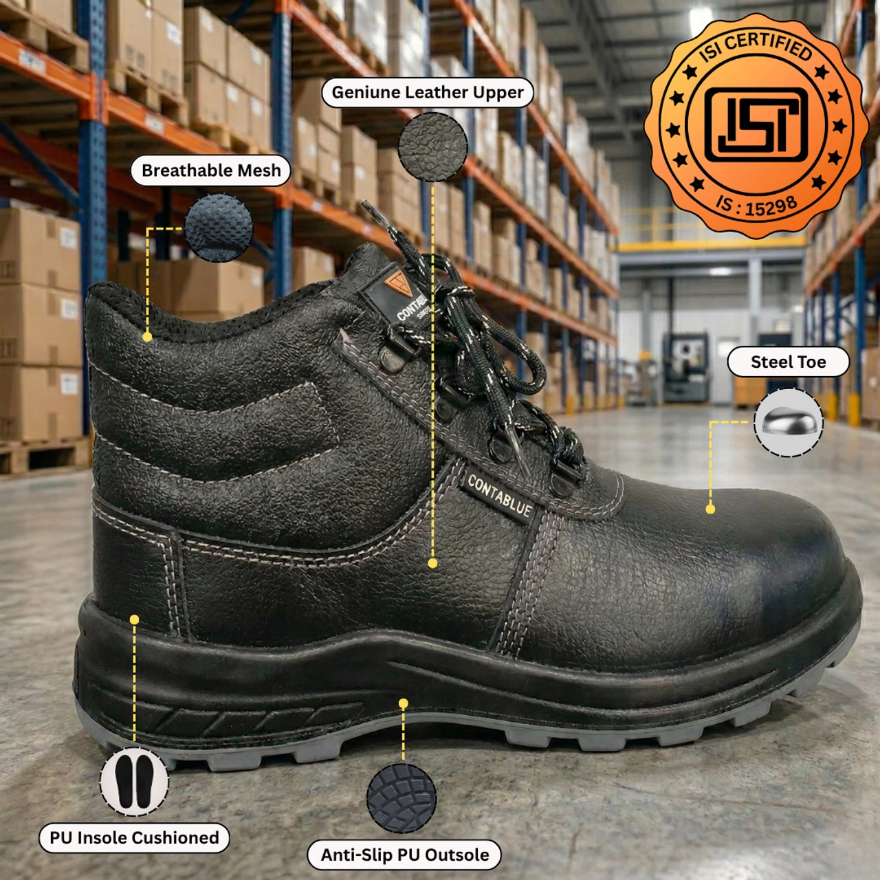 Contablue Steel Toe Black Leather Safety Shoe, size 9(Panther-Ankle) 3
