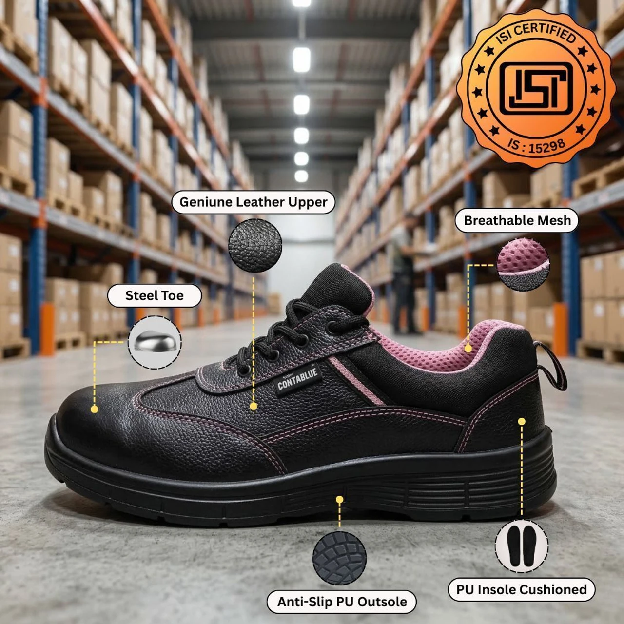 Contablue Steel Toe Genuine Leather Black Safety Shoe, size 2(AG-Female) 3